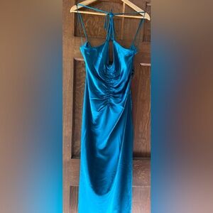 Jasón Wu Teal Blue Ruched Halter Slip Dress.